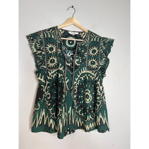 NEW Sea New York Charlough Cotton Split Neck Flutter Sleeves Top in Green/Black - Picture 2 of 7